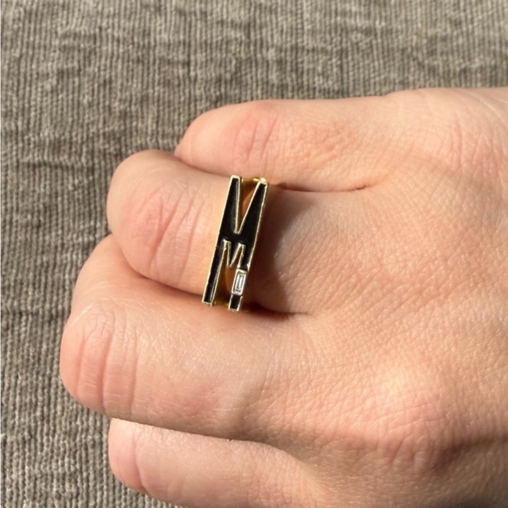 Authentic Helena Rose 14K Yellow Gold Initial Ring with Black Enamel and Diamond